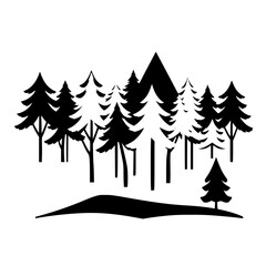 Obraz premium Silhouette of Pines, a Black and White Forest Landscape Featuring Mountains and a Minimalist Design, Forest Silhouette.