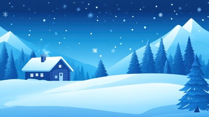 Naklejka premium Snowy cabin, mountain night, snowfall, winter card
