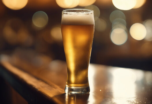 Glass of cold beer with condensation droplets sitting on a bar counter with blurred warm toned bokeh
