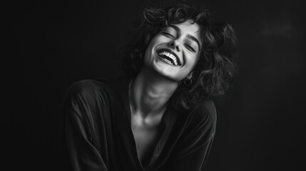 Obraz premium Smiling woman with curly hair in a black and white portrait.
