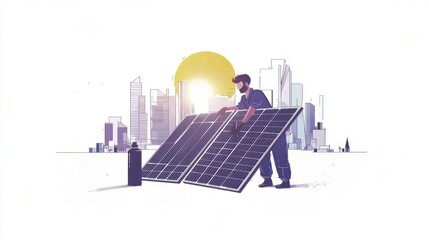 Naklejka premium Worker installs solar panels in city