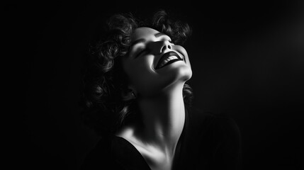 Obraz premium Portrait of a smiling woman with curly hair in dramatic lighting.
