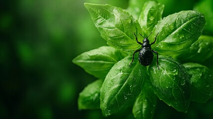 Fototapeta premium Close-up of a black insect on a vibrant green basil leaf, glistening with water droplets. Nature's beauty.