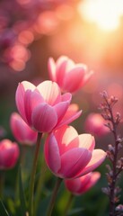 Obraz premium Soft pink flowers opening in warm spring sunlight , soft, growth, pink