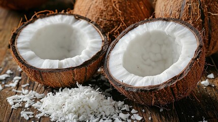 Fresh coconut halves with shredded coconut on a wooden surface.