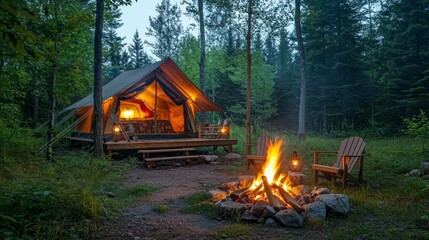 Serene bonfire with crackling firewood, surrounded by camping chairs and a tent under tall forest trees, glowing flames lighting the scene