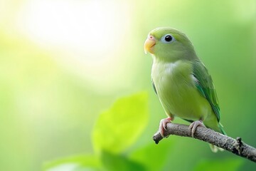 Fototapeta premium A small green bird sitting on a branch with a blurred green background.
