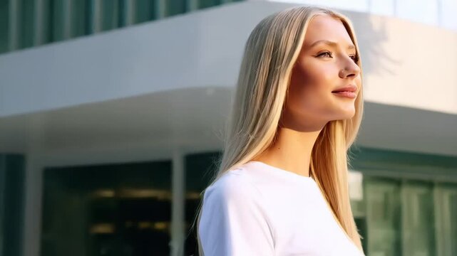 Young caucasian blonde woman with long hair in casual white t-shirt walking, Woman with long blonde hair walks through crowded urban area, showcasing vibrant city life. People of various backgrounds