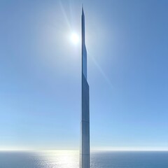 Tall skyscraper over ocean, sunny day