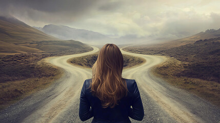 Female character choosing between hard and easy ways, contemporary cartoon illustration. Woman standing on road fork, thinking over decision. Straight smooth, curvy difficult paths ahead. Vector image