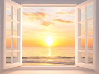 A seaside sunset from an open window offers a relaxed and timeless view