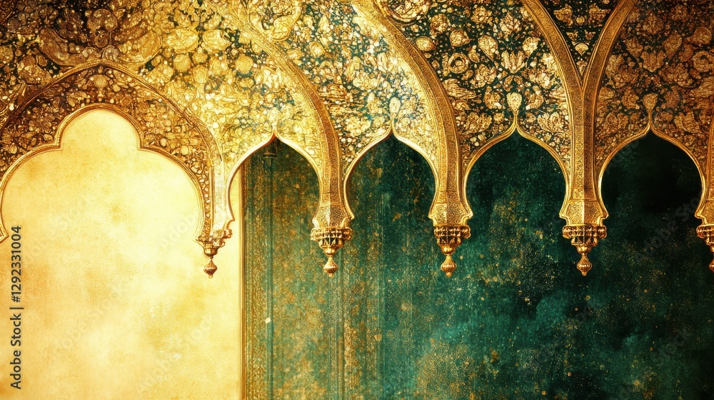 Poster ornate architectural details with gold and teal patterns in an elegant historic setting of intricate