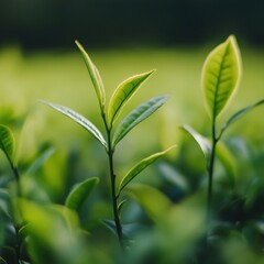 Fototapeta premium Lush green tea leaves in plantation