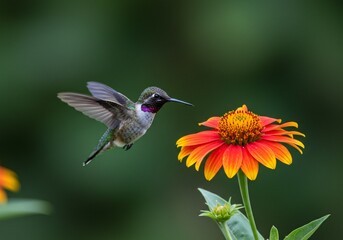 High-speed capture of a hummingbird hovering near a vibrant flower