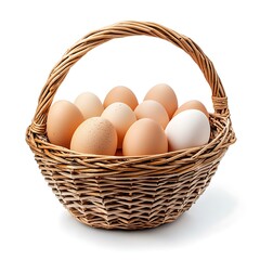 A basket with eggs, arranged neatly for a fresh farm-inspired display The basket is isolated on white background