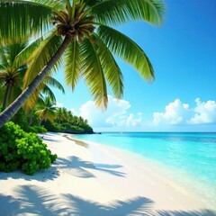 Fototapeta premium White sand, swaying palms, vibrant coral reef visible from shore , paradise, exotic