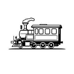 Classic black and white steam engine illustration, steam train on white background.
