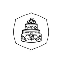 Three-Tiered Cake Embellished with Decorative Flourishes on Shield Background.