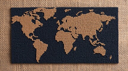 Fototapeta premium Detailed coffee bean mosaic forming a world map, set against a burlap texture, organic aesthetic