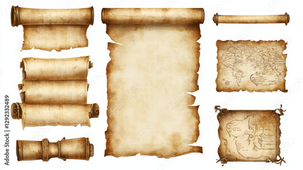 Poster magic game parchment scroll for old map with treasure. papyrus roll frame icon set. ancient wizard b