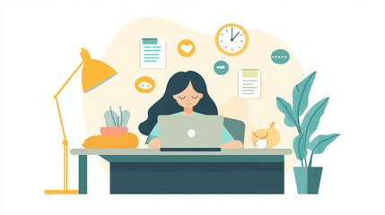 Fototapeta premium Woman work on laptop at home. Vector set of flat illustrations of girl freelancer emotions. Office employee sleeping, eating, happy, angry, and busy. Concept of online business, freelance