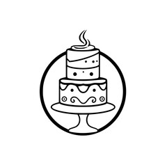 Vectorized, black and white cake with a decorative design, set on a pedestal, inside a circle.