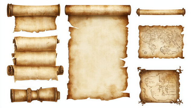 Magic game parchment scroll for old map with treasure. Papyrus roll frame icon set. Ancient wizard blank paper for message or announcement clipart. Empty witchcraft sheet and fantasy manuscript page