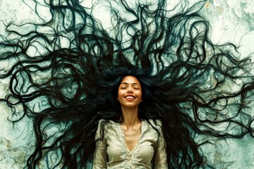 Long hairdo - gorgeous bush hair. Commercial commercial creative. Lovely happy mixed-race girl - for ads, flyer and social social networks ad use. Colored hair styles. Long colored trends.
