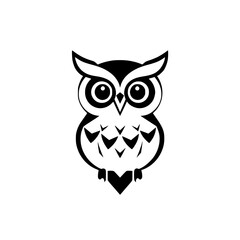 Black and white owl illustration with cartoonish features on white background.