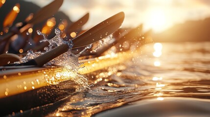 Dragon boat race at sunrise, golden light reflecting on water, energetic paddlers creating dynamic ripples, spectators cheering along