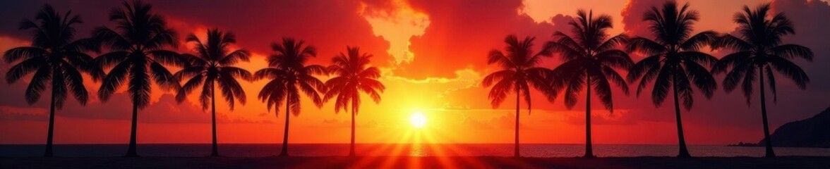 Silhouetted palm trees frame fiery sunset over Anse Lazio , sand, landscape photography, evening