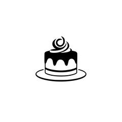 Minimalist cake icon, black and white, featuring chocolate frosting, a single cake on a plate, centered on a white background.
