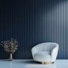 A chic living room interior with an armchair and empty dark blue wooden slat wall background, combining simplicity with opulence The room is isolated on white background