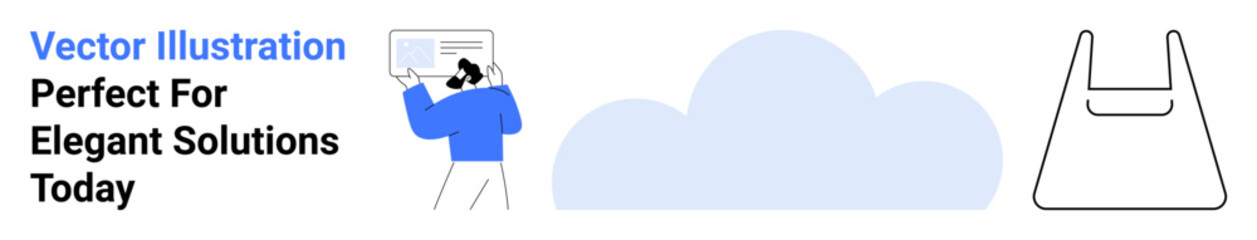 Person examines display, cloud icon, reusable bag outline, minimalistic style. Ideal for business solutions, online services, eco-friendly themes, technology, cloud computing data analysis flat