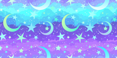 Naklejka premium Neon stars on bright clouds background. Seamless pattern