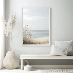 A coastal interior background with a mockup frame, featuring light pastel colors in a relaxing room...