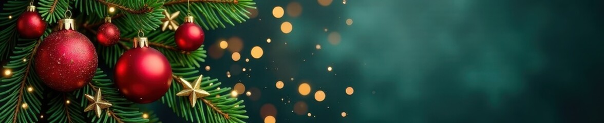 Fototapeta premium Elegant Christmas banner with ornaments and pine, ornaments, snowy, sparkle