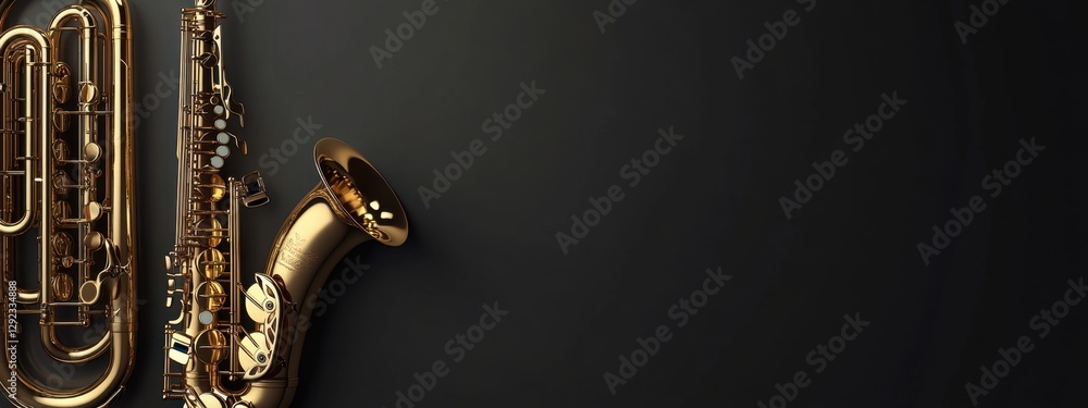 Poster an elegant display of brass instruments: a close-up of a saxophone and tuba on dark background