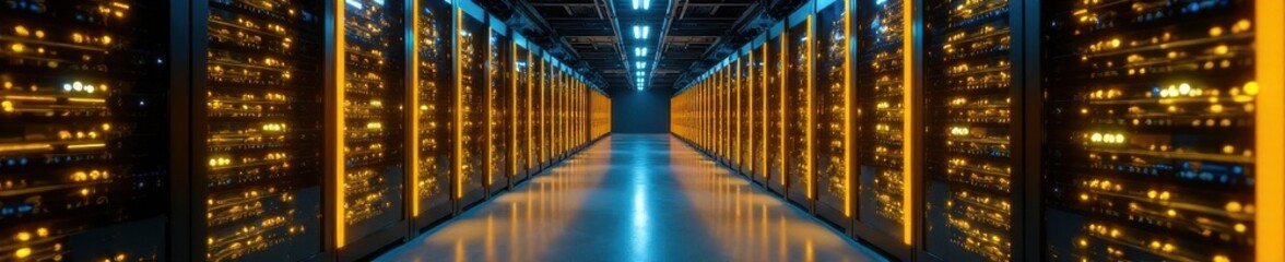 Fototapeta premium Intricate server room, yellow fiber optic cables glow , technology background, background