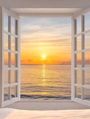A seaside sunset from an open window offers a relaxed and timeless view