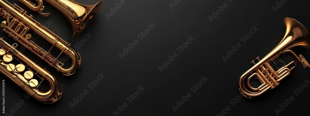 Poster a stunning array of gleaming brass instruments set against a dark background capturing the essence o