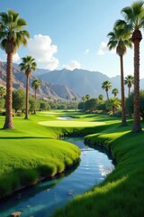 Palm Springs golf course stream, lush green grass, desert landscape, water, sand, sun