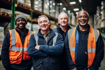 Group portrait of diverse middle aged warehouse workers