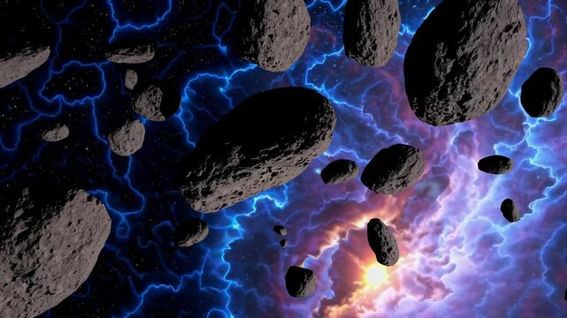 Asteroids floating in space with bright cosmic nebula and lightning effects. Outer space exploration and science fiction concept