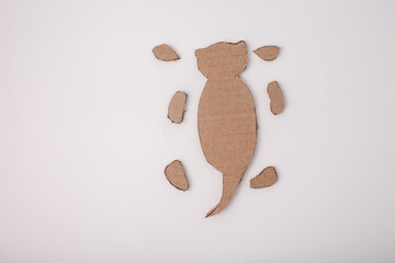 Creative process step showing parts of cardboard otter body, ears, arms, and legs ready for assembly. step in creative process, educational craft kits, DIY projects, or creative activity for kids