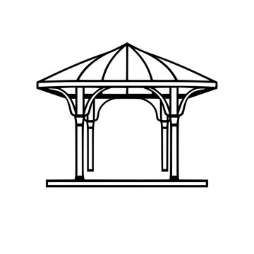 recommend clip art: Silhouette of a gazebo with arched columns and a sloped roof.