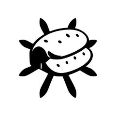 Abstract, stylized black and white illustration of a bug-like creature with spikes and a two-part circular body.