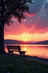 Sunset hues paint the sky behind an empty park bench overlooking calm water , twilight, clouds, scenery