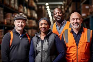 Group portrait of diverse middle aged warehouse workers