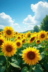 Fototapeta premium A field of sunflowers stretching towards the sky, blossoms, garden,
